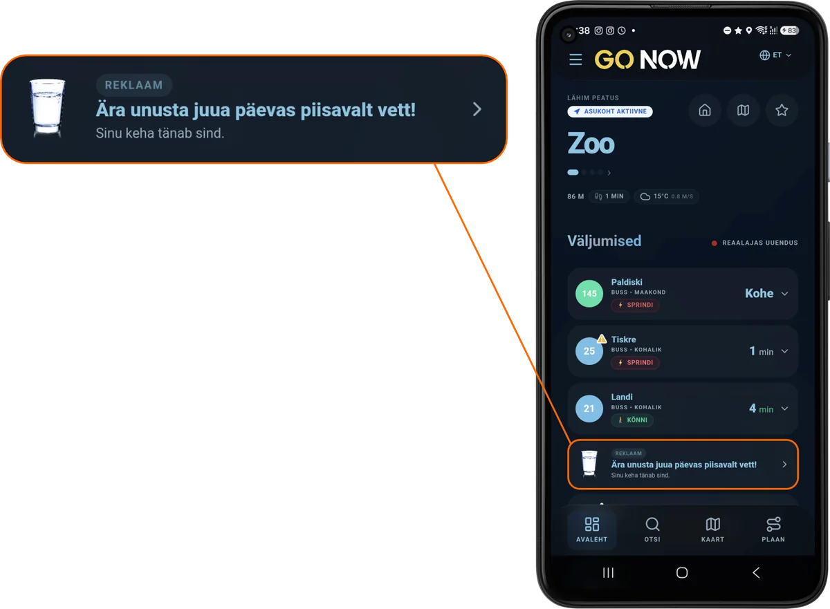 GO NOW lähimate peatuste vaade koos näidisreklaamibänneriga
