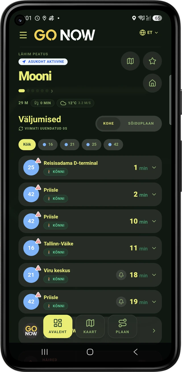 GO NOW home screen: Mooni stop, next departures and live updates.
