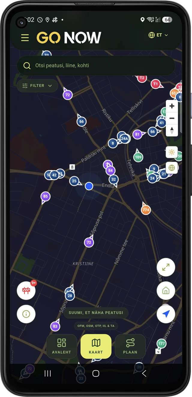GO NOW map: Tallinn bus stops and vehicles live on the map.