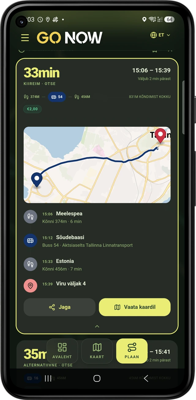 GO NOW journey planner: a 33-minute route with a transfer and arrival time.