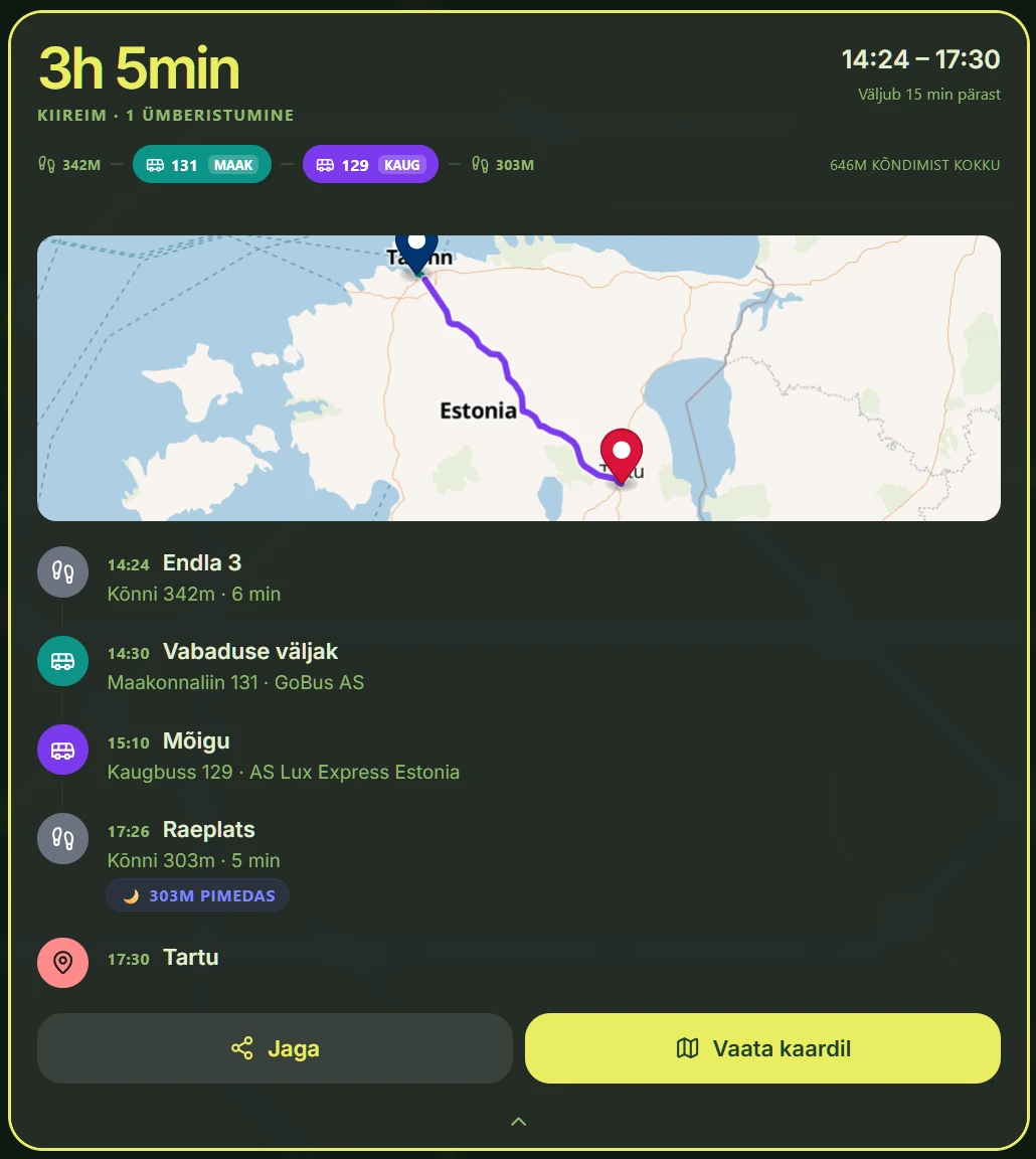 GO NOW journey planner: route from Tallinn to Tartu, 3 hours 5 minutes, bus 131 and express coach 129.