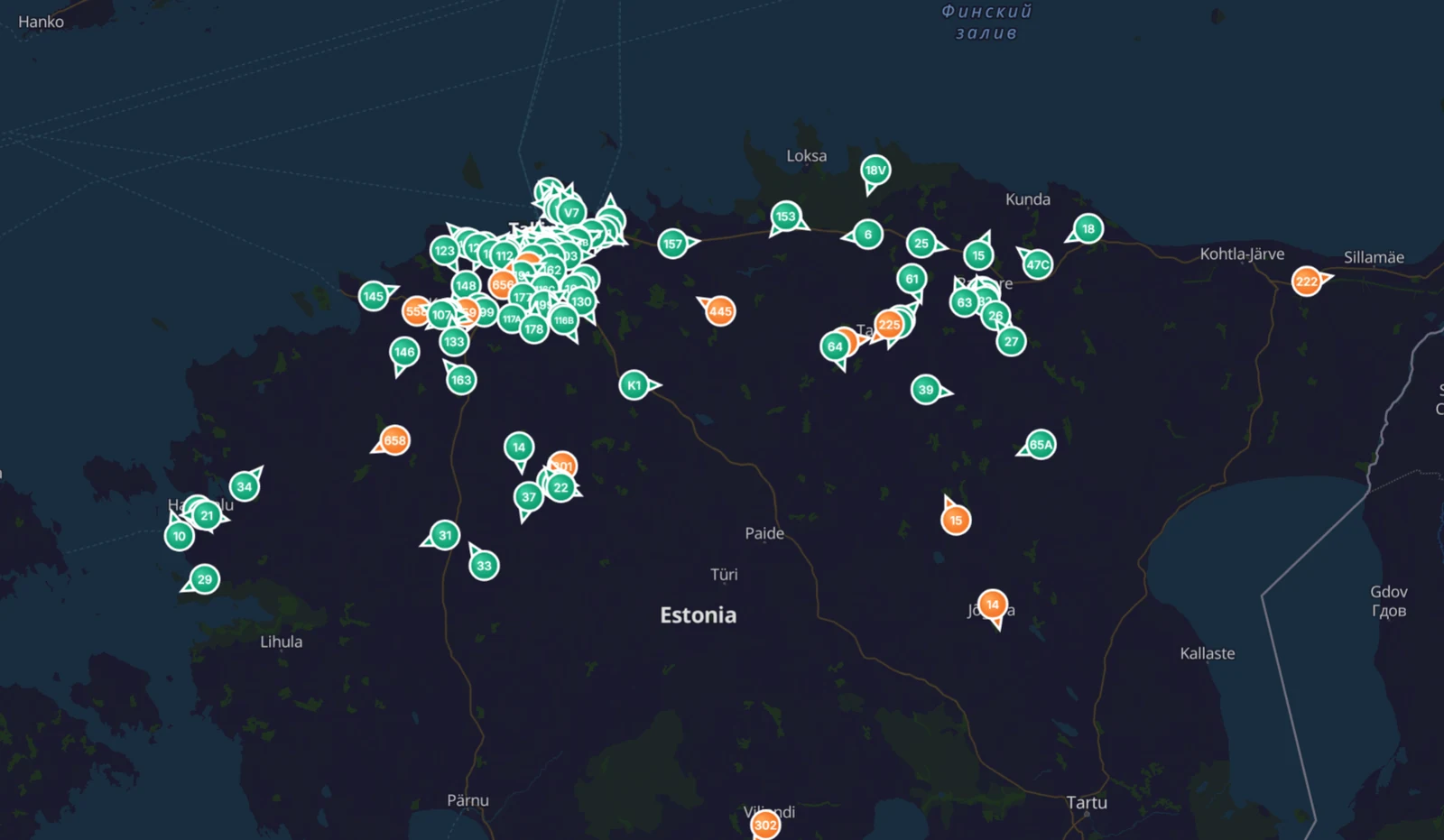 GO NOW map showing every North Estonia county line and line number.