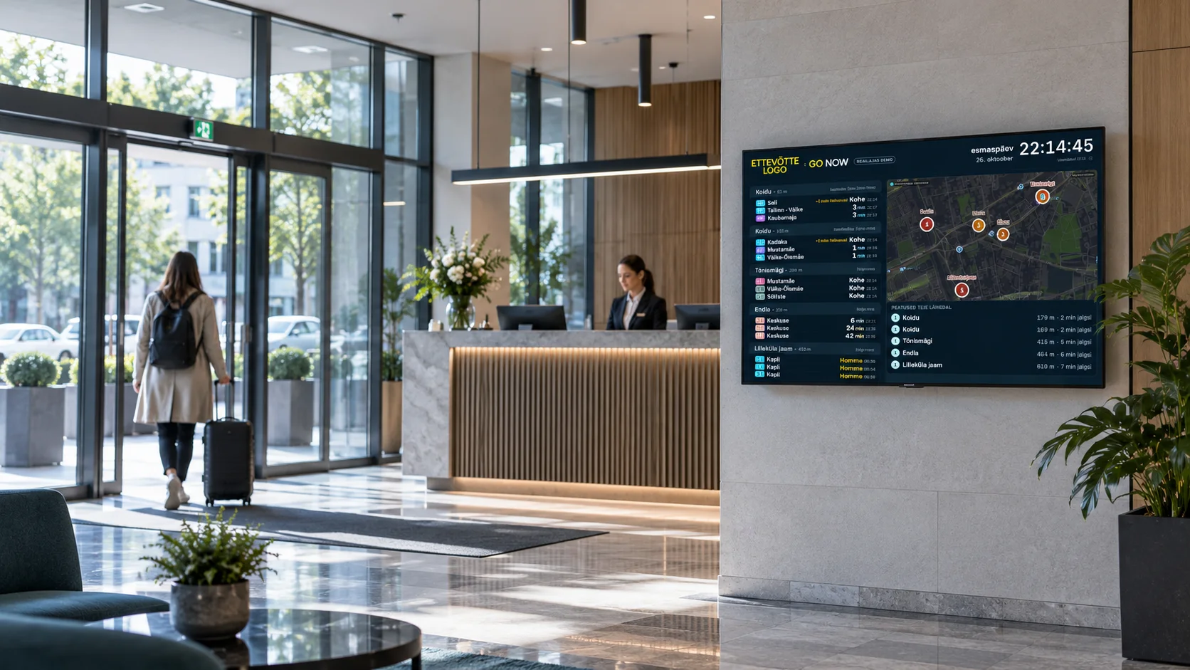 GO NOW Screen hotelli fuajees, kus ekraan kuvab bussiaegu ja kaarti.